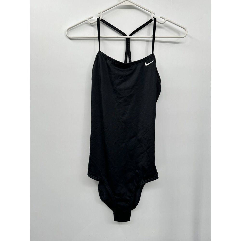 Nike XL Youth Girls One Piece Swimsuit Black Racerback Embroidered Swoosh Logo